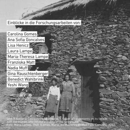 Enlarged view: A house in Castanheira adorned with flower arrangements on its facade, with the women who inhabit standing in the foreground. Foto: Maria Lamas, 1948. (Lamas, Maria, As Mulheres do Meu Pais, Caminho, 2002)