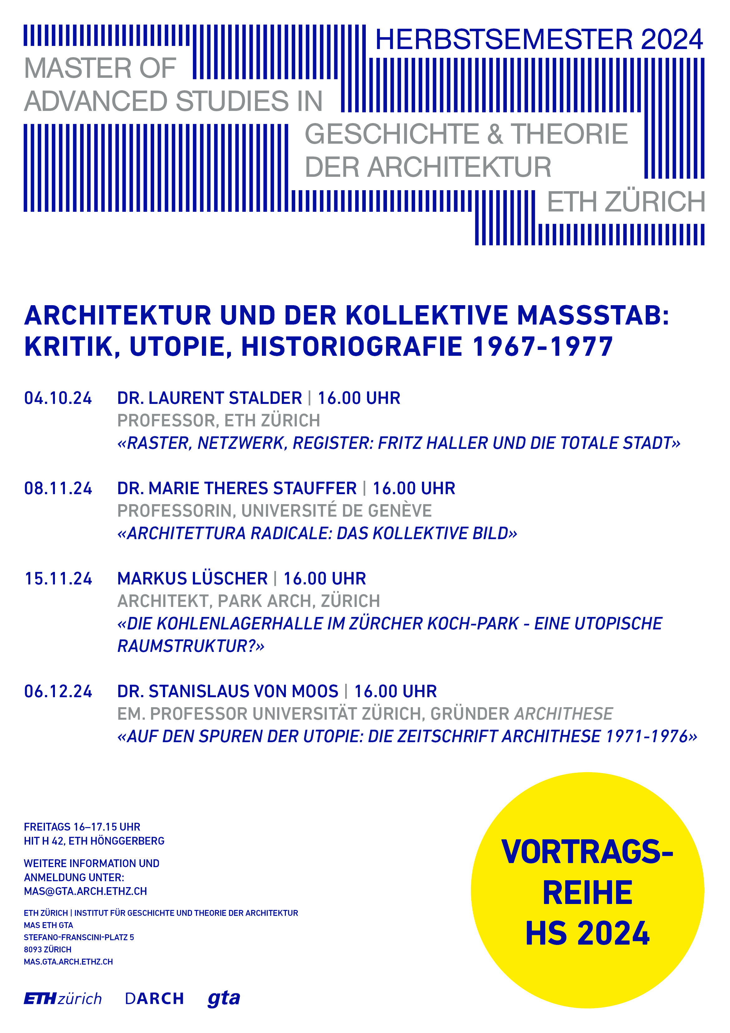 Vergrösserte Ansicht: Seminarposter, Gastvorträge, Architektur und der kollektive Maßstab: Kritik, Utopie, Historiografie 1967-1977.