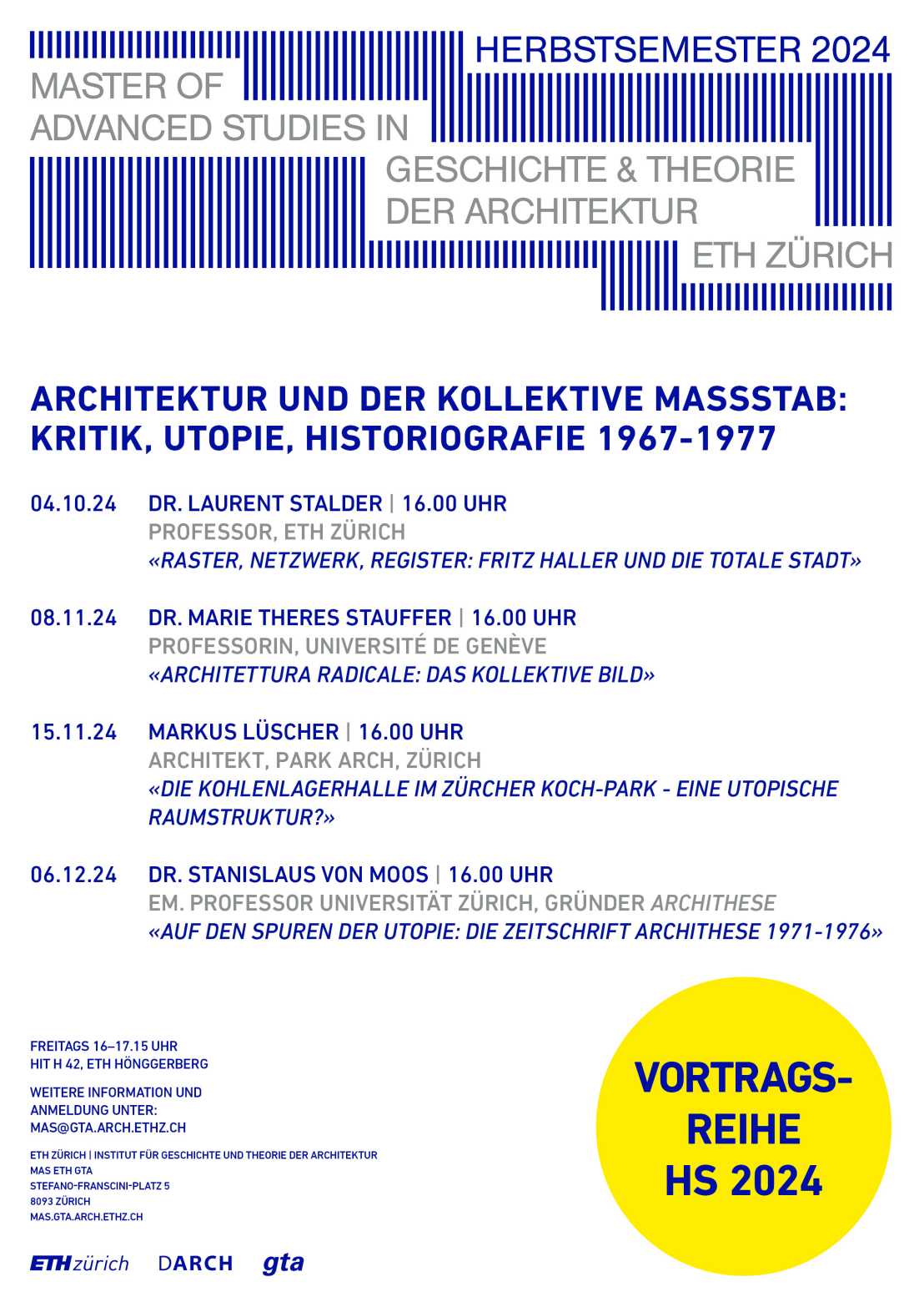 Vergrösserte Ansicht: Seminarposter, Gastvorträge, Architektur und der kollektive Maßstab: Kritik, Utopie, Historiografie 1967-1977.